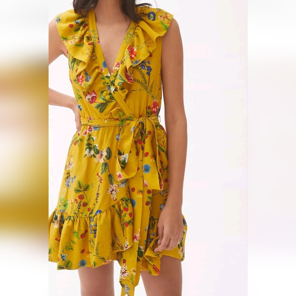 Maeve Mustard Floral Ruffle Wrap Mini Dress